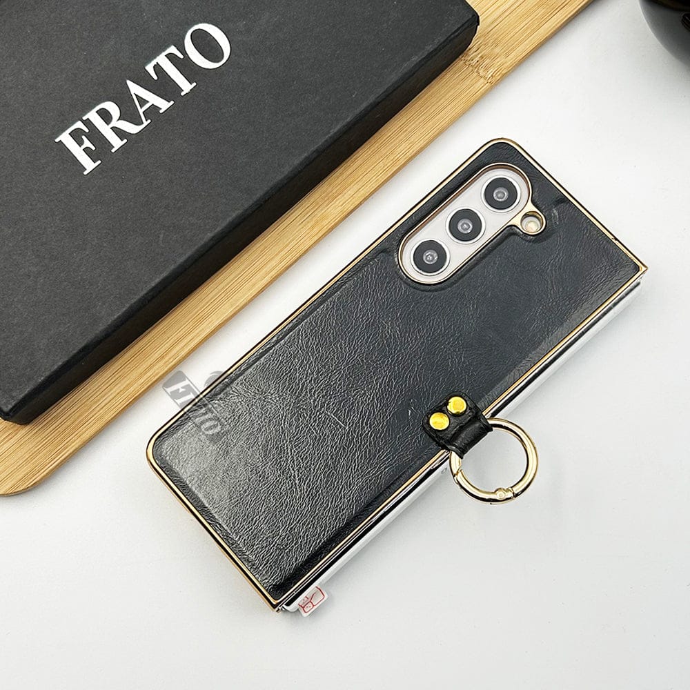 FRATO Fold 5 Collection Black Samsung Galaxy Z Fold 5 PU Leather Chrome Plated With Front Screen Protector Metal Ring Case Cover