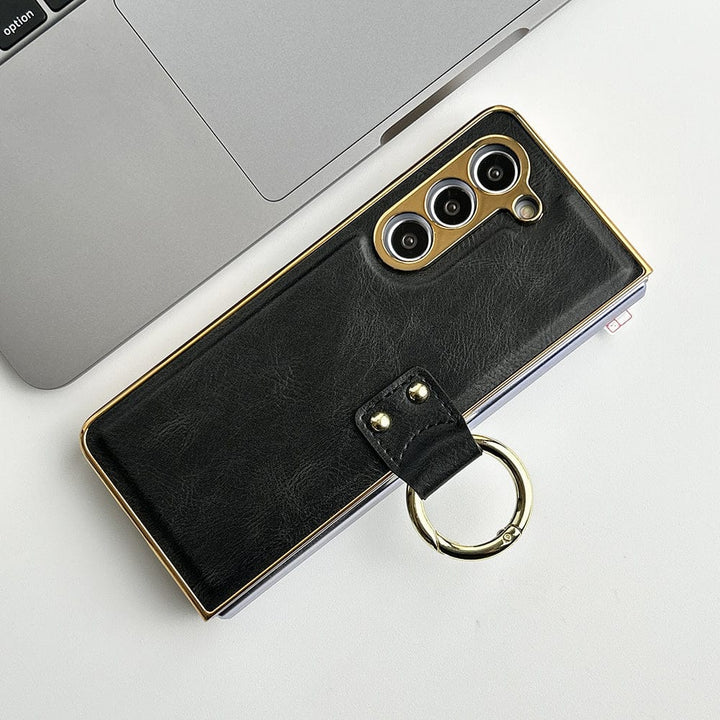 FRATO Fold 5 Collection Black Samsung Galaxy Z Fold 5 PU Leather Chromeplated Ring Case Screen Protector Cover
