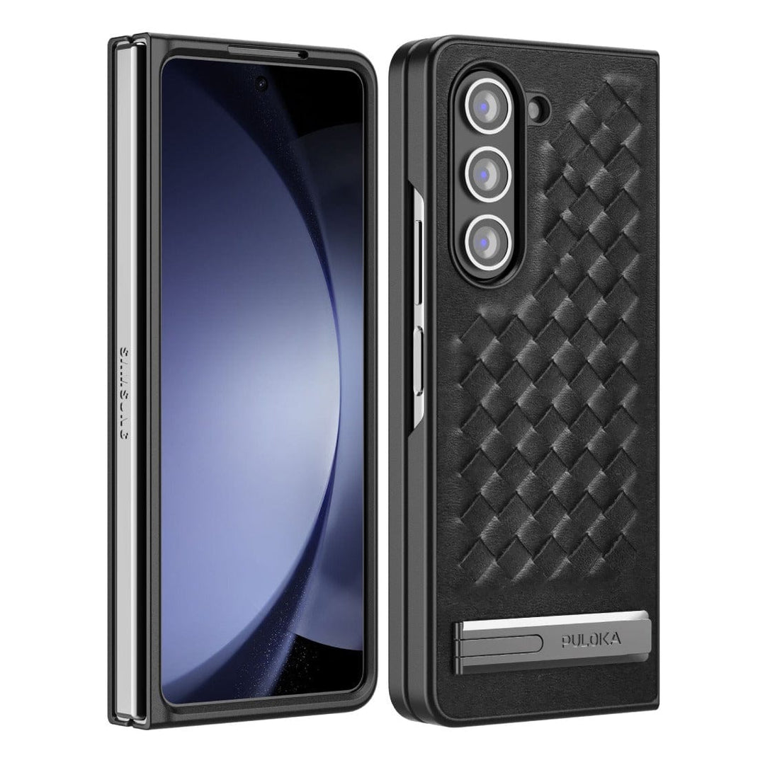 FRATO Fold 5 Collection Black Samsung Galaxy Z Fold 5 PU Weave Leather with Metal Kickstand Slim Back Cover