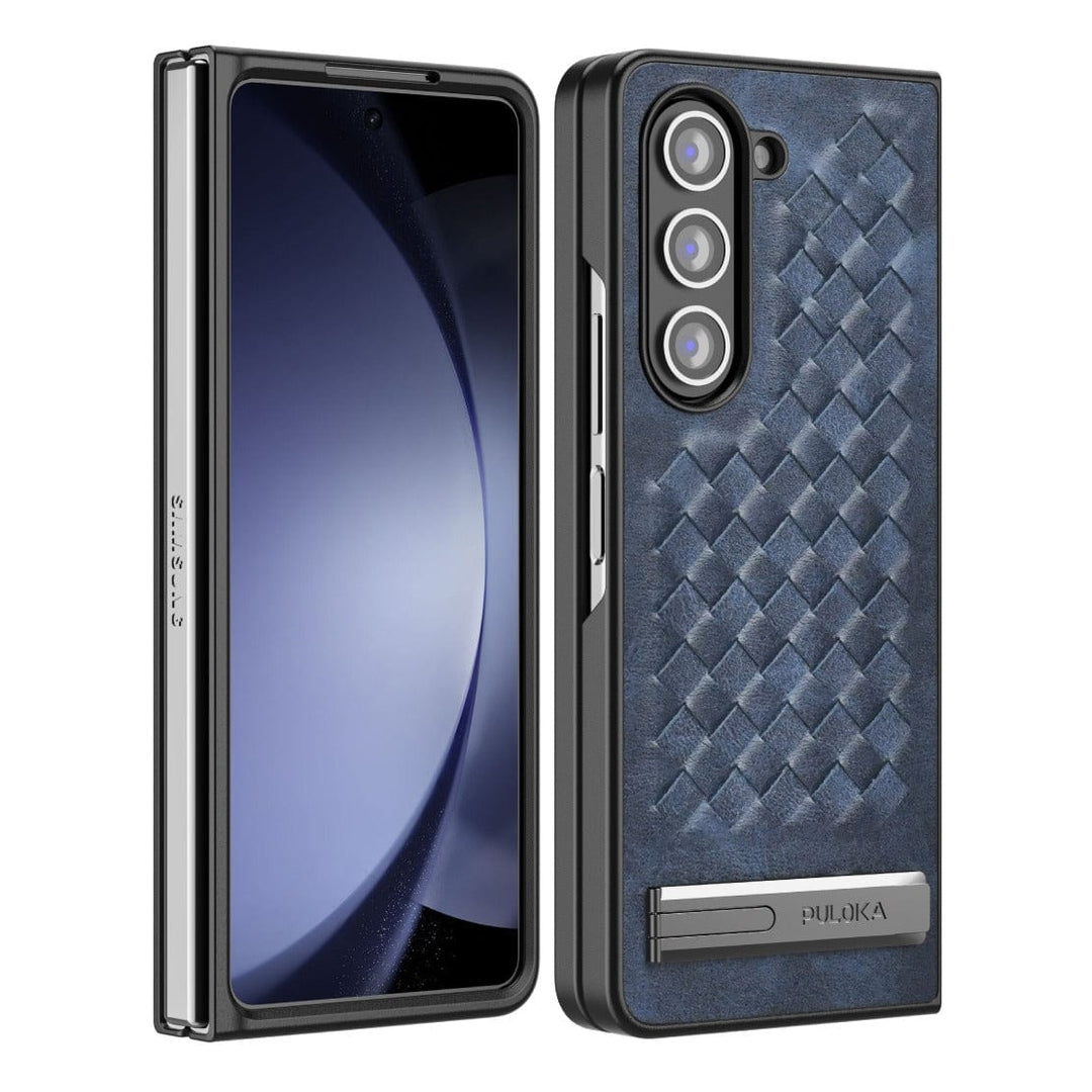 FRATO Fold 5 Collection Blue Samsung Galaxy Z Fold 5 PU Weave Leather with Metal Kickstand Slim Back Cover