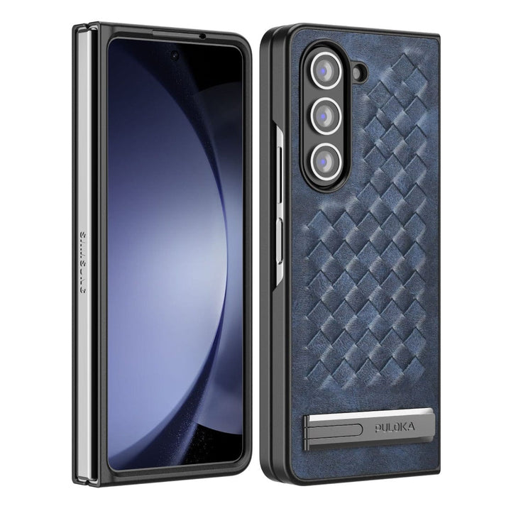FRATO Fold 5 Collection Blue Samsung Galaxy Z Fold 5 PU Weave Leather with Metal Kickstand Slim Back Cover