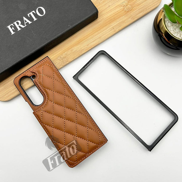 FRATO Fold 5 Collection Brown Samsung Galaxy Z Fold 5 Fashion Puffer Leather Stitch Design Card Holder Case Cover