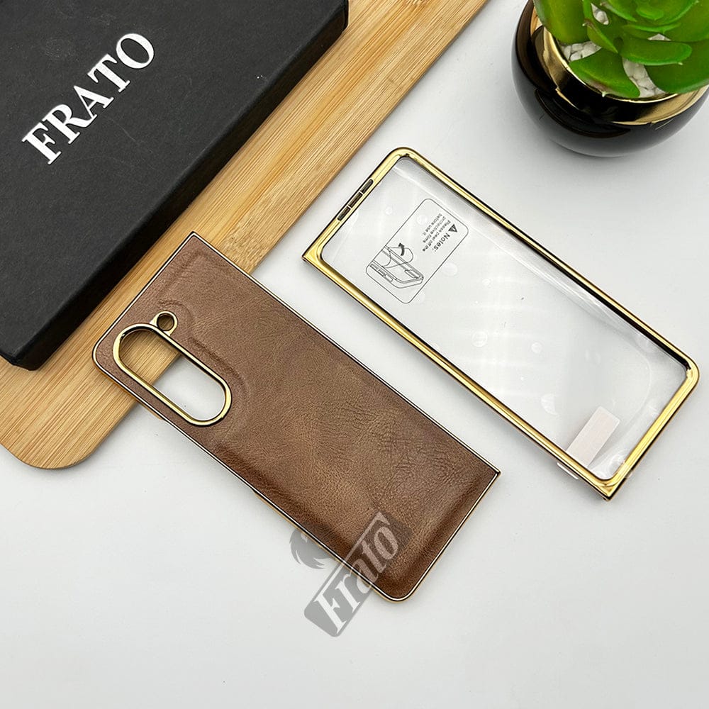 FRATO Fold 5 Collection Brown Samsung Galaxy Z Fold 5 PU Leather Chrome Plated With Front Screen Protector Case Cover