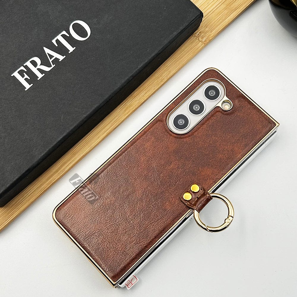 FRATO Fold 5 Collection Brown Samsung Galaxy Z Fold 5 PU Leather Chrome Plated With Front Screen Protector Metal Ring Case Cover