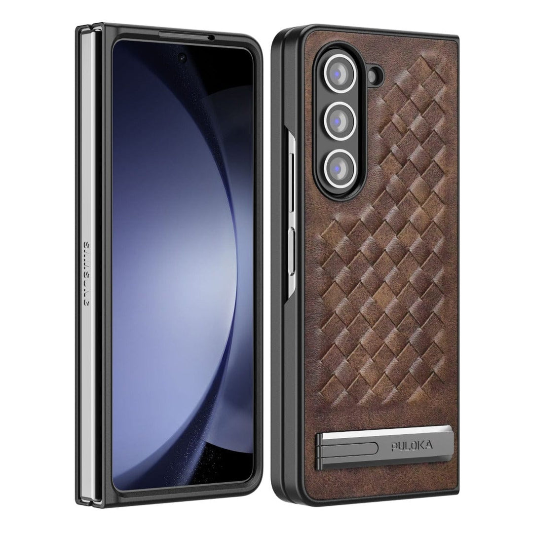 FRATO Fold 5 Collection Brown Samsung Galaxy Z Fold 5 PU Weave Leather with Metal Kickstand Slim Back Cover