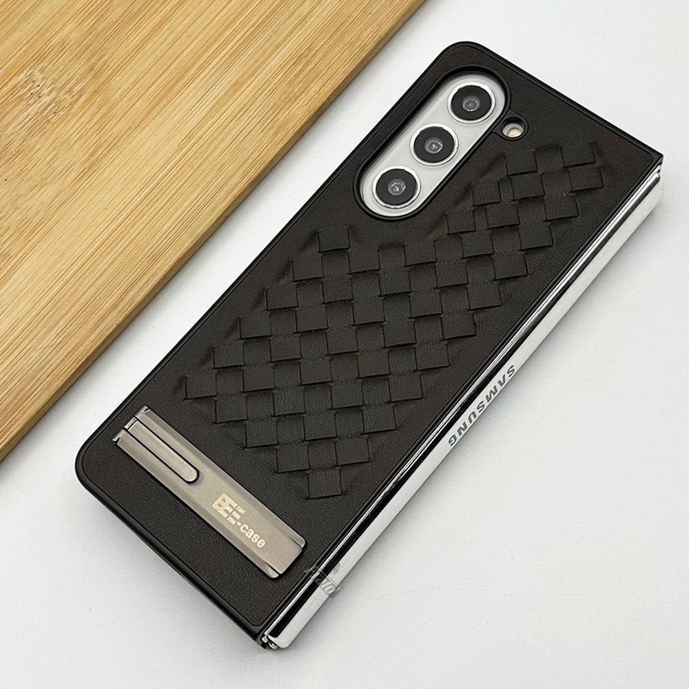 FRATO Fold 5 Collection Dark Brown Samsung Galaxy Z Fold 5 PU Leather Checks Grid Pattern Kickstand Case Cover