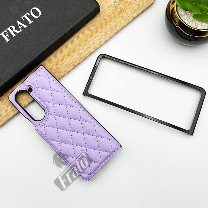 FRATO Fold 5 Collection Lilac Samsung Galaxy Z Fold 5 Fashion Puffer Leather Stitch Design Card Holder Case Cover