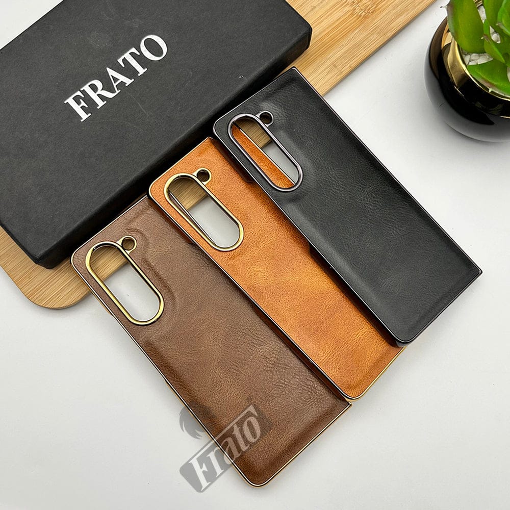 FRATO Fold 5 Collection Samsung Galaxy Z Fold 5 PU Leather Chrome Plated With Front Screen Protector Case Cover