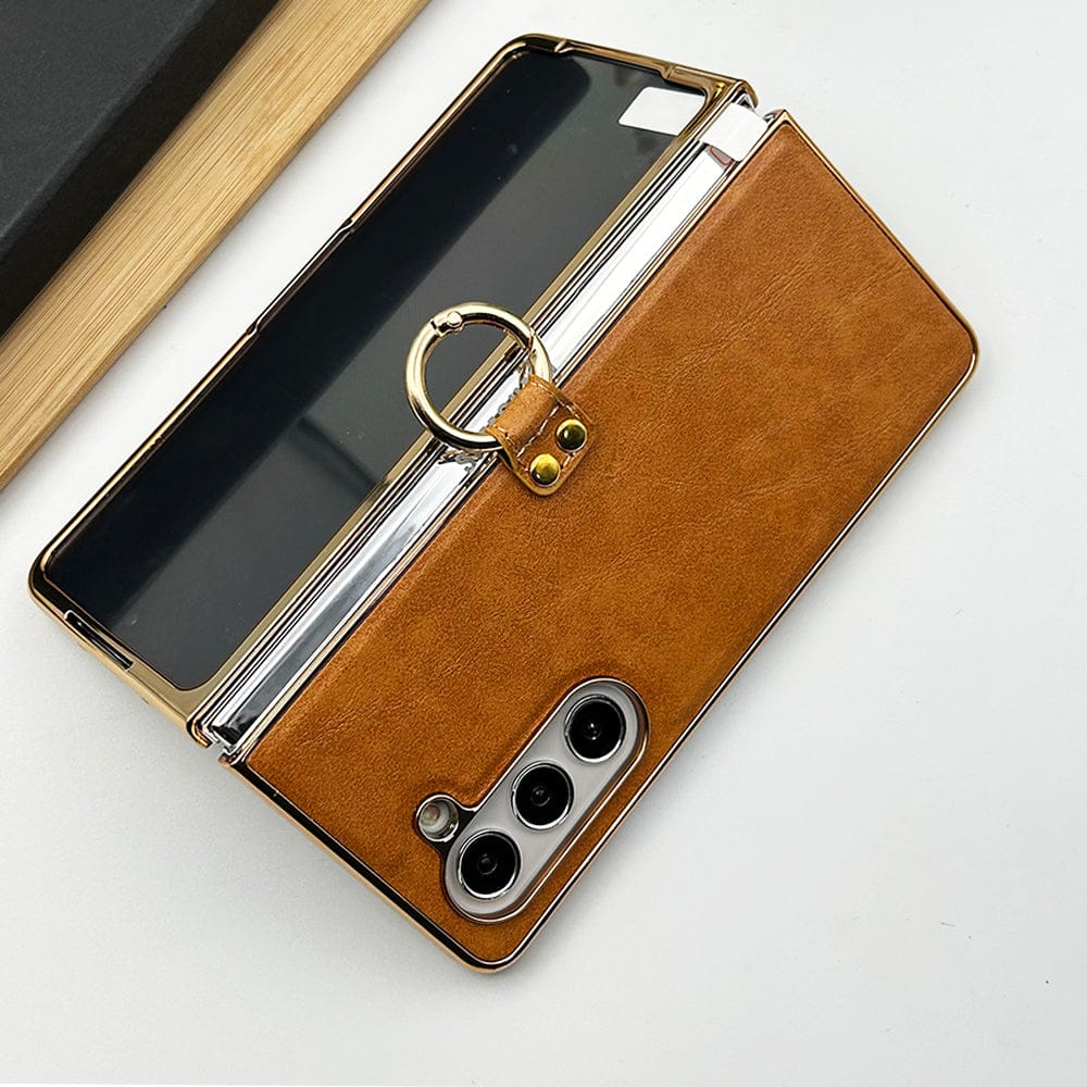 FRATO Fold 5 Collection Samsung Galaxy Z Fold 5 PU Leather Chrome Plated With Front Screen Protector Metal Ring Case Cover