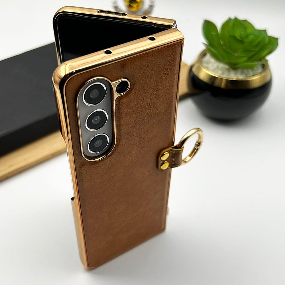 FRATO Fold 5 Collection Samsung Galaxy Z Fold 5 PU Leather Chrome Plated With Front Screen Protector Metal Ring Case Cover