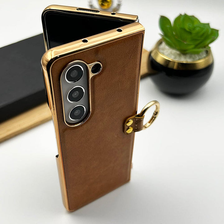 FRATO Fold 5 Collection Samsung Galaxy Z Fold 5 PU Leather Chrome Plated With Front Screen Protector Metal Ring Case Cover
