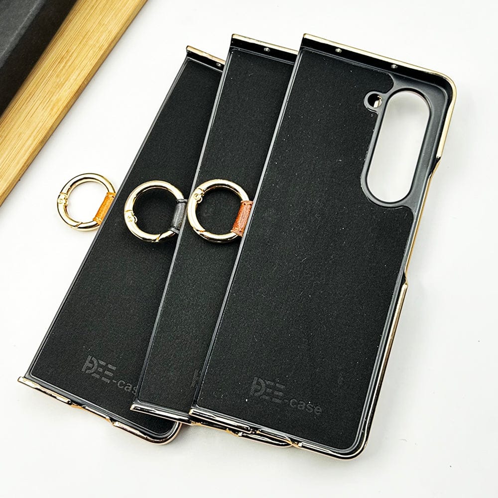 FRATO Fold 5 Collection Samsung Galaxy Z Fold 5 PU Leather Chrome Plated With Front Screen Protector Metal Ring Case Cover
