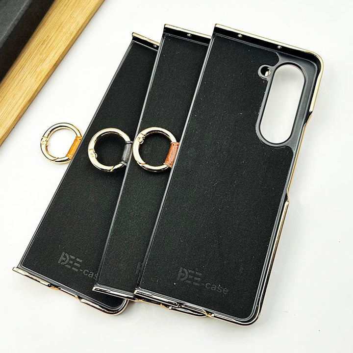 FRATO Fold 5 Collection Samsung Galaxy Z Fold 5 PU Leather Chrome Plated With Front Screen Protector Metal Ring Case Cover