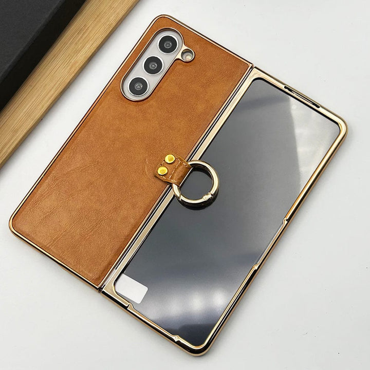 FRATO Fold 5 Collection Samsung Galaxy Z Fold 5 PU Leather Chrome Plated With Front Screen Protector Metal Ring Case Cover