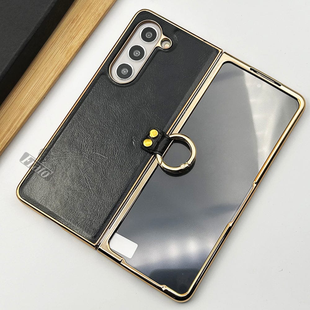 FRATO Fold 5 Collection Samsung Galaxy Z Fold 5 PU Leather Chrome Plated With Front Screen Protector Metal Ring Case Cover