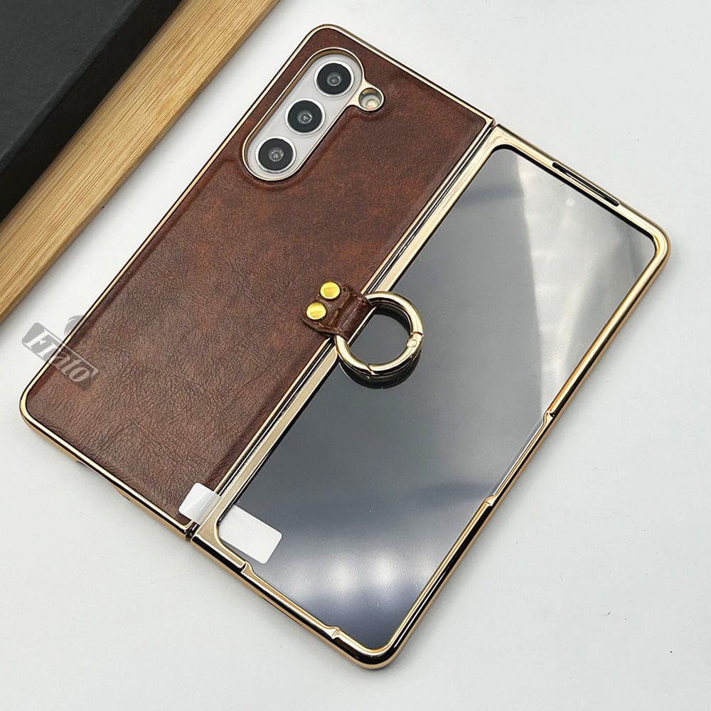FRATO Fold 5 Collection Samsung Galaxy Z Fold 5 PU Leather Chrome Plated With Front Screen Protector Metal Ring Case Cover