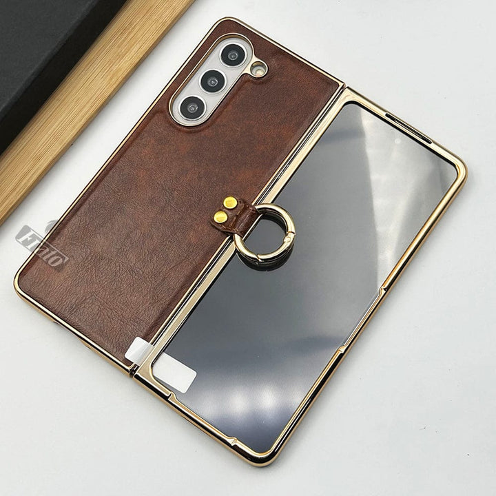 FRATO Fold 5 Collection Samsung Galaxy Z Fold 5 PU Leather Chrome Plated With Front Screen Protector Metal Ring Case Cover