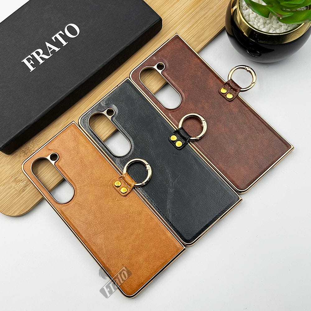 FRATO Fold 5 Collection Samsung Galaxy Z Fold 5 PU Leather Chrome Plated With Front Screen Protector Metal Ring Case Cover