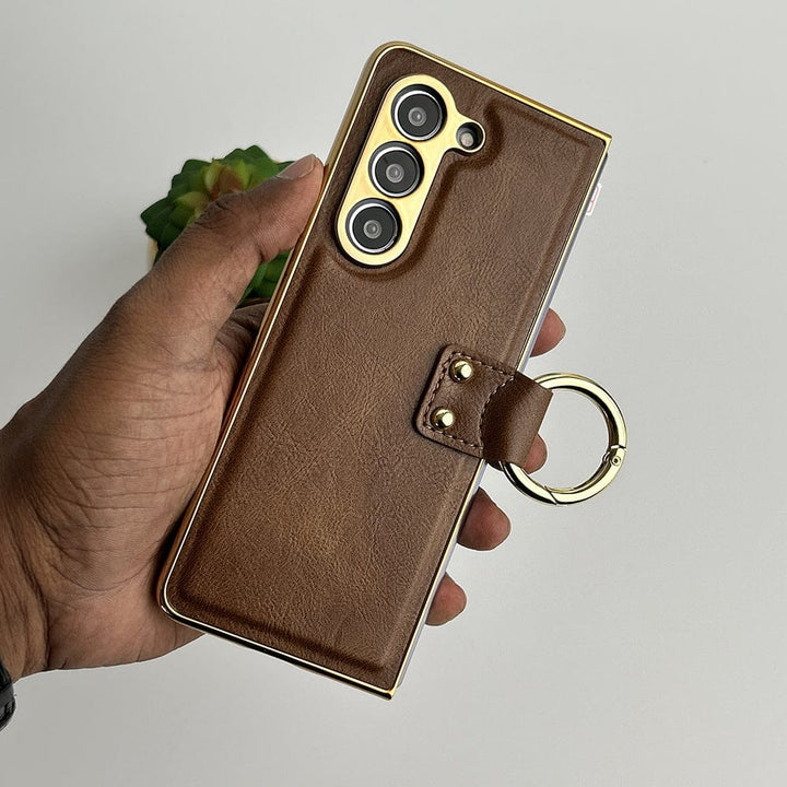 FRATO Fold 5 Collection Samsung Galaxy Z Fold 5 PU Leather Chromeplated Ring Case Screen Protector Cover