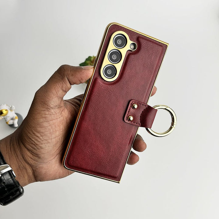 FRATO Fold 5 Collection Samsung Galaxy Z Fold 5 PU Leather Chromeplated Ring Case Screen Protector Cover