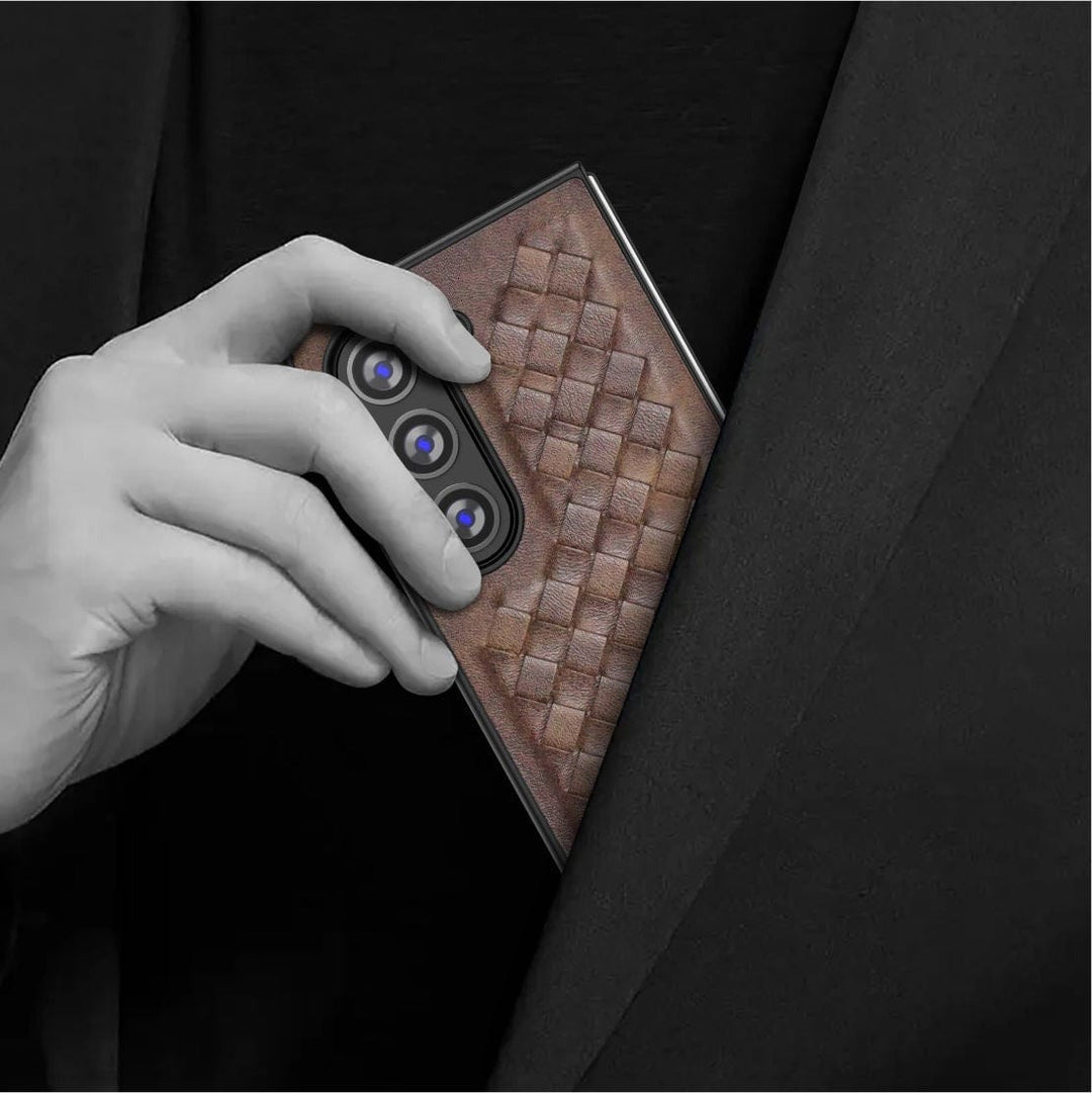 FRATO Fold 5 Collection Samsung Galaxy Z Fold 5 PU Weave Leather with Metal Kickstand Slim Back Cover