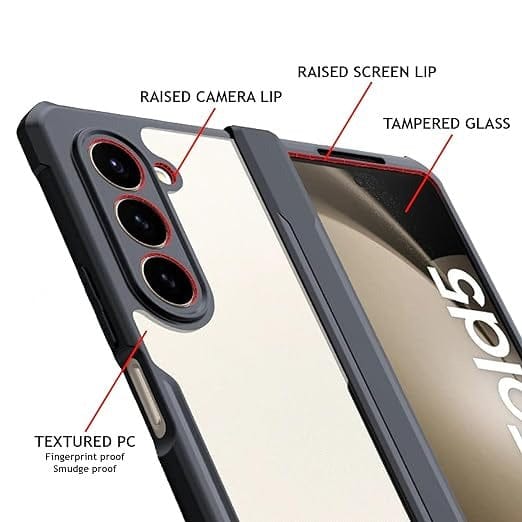FRATO Fold 5 Collection Samsung Galaxy Z Fold 5 Shockproof Airbags Bumper Transparent Back Front Screen Protector Case Cover(Black)