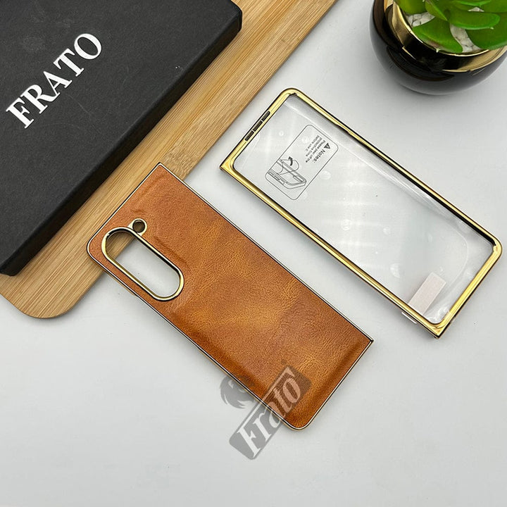 FRATO Fold 5 Collection Tan Brown Samsung Galaxy Z Fold 5 PU Leather Chrome Plated With Front Screen Protector Case Cover
