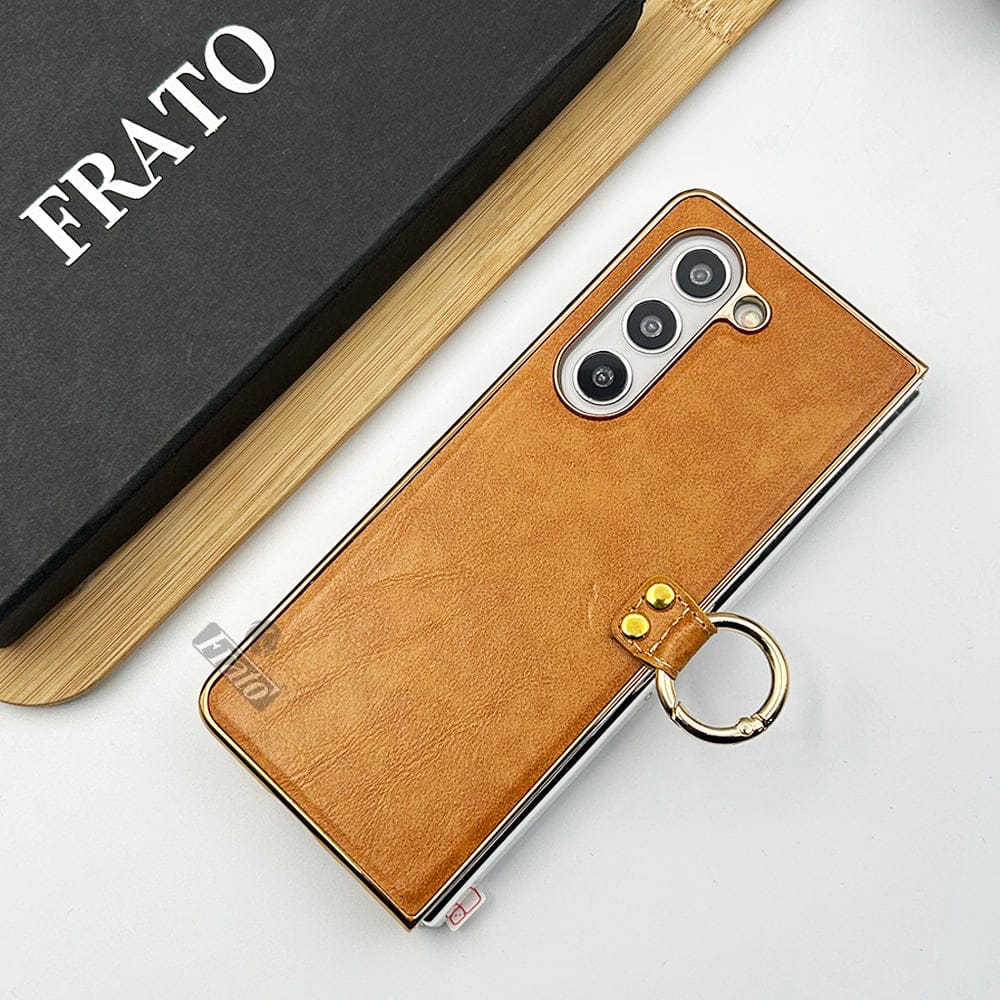 FRATO Fold 5 Collection Tan Brown Samsung Galaxy Z Fold 5 PU Leather Chrome Plated With Front Screen Protector Metal Ring Case Cover