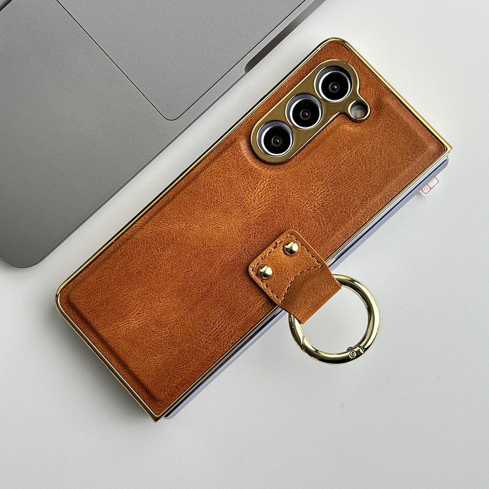 FRATO Fold 5 Collection Tan Brown Samsung Galaxy Z Fold 5 PU Leather Chromeplated Ring Case Screen Protector Cover