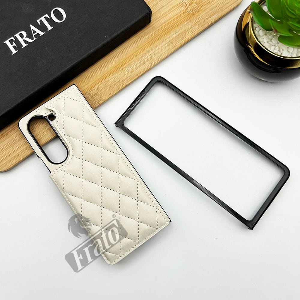 FRATO Fold 5 Collection White Samsung Galaxy Z Fold 5 Fashion Puffer Leather Stitch Design Card Holder Case Cover