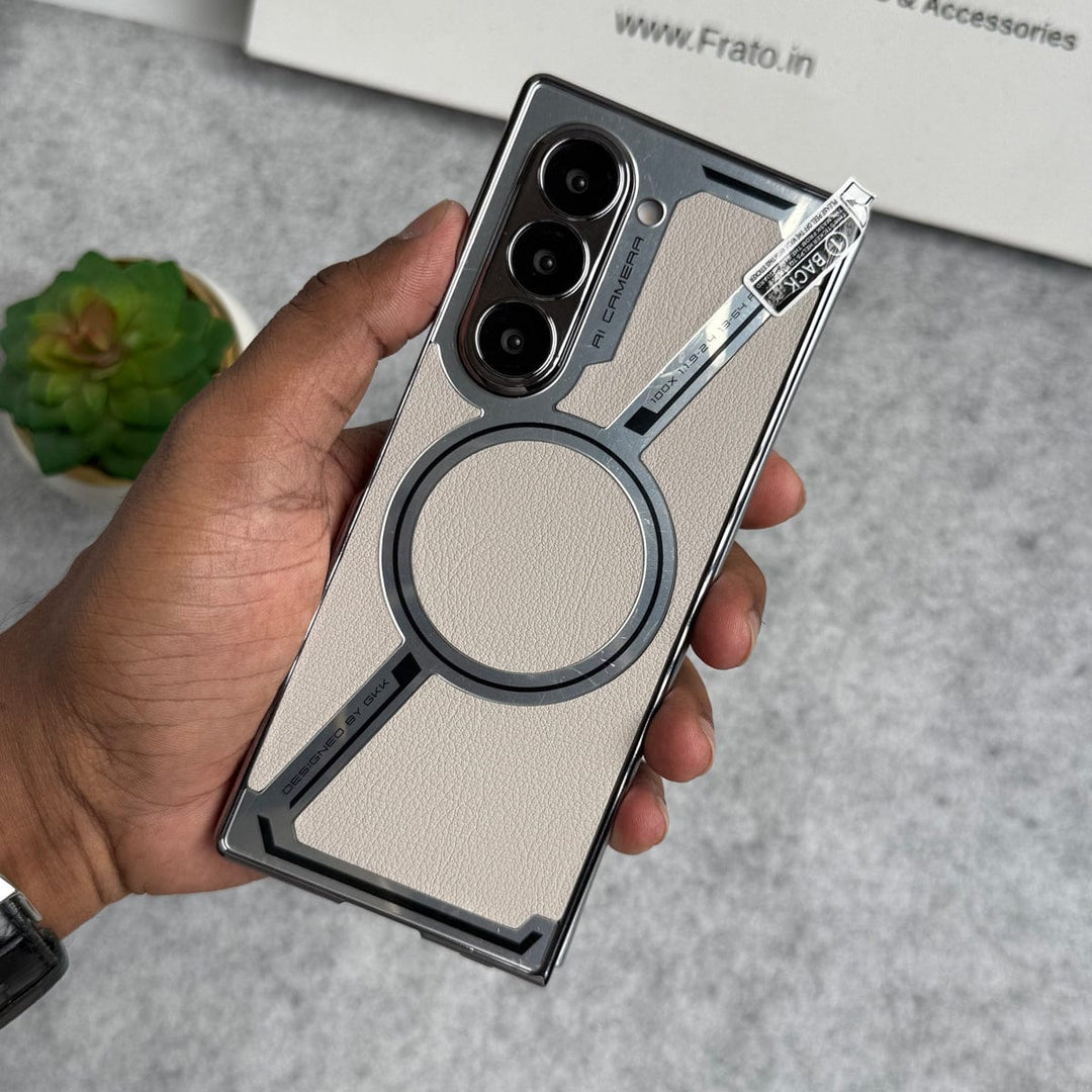 FRATO Fold 6 Collection Beige Samsung Galaxy Z Fold 6 Z Shape Electroplated Magnetic PU Leather Wireless Charging Case Cover