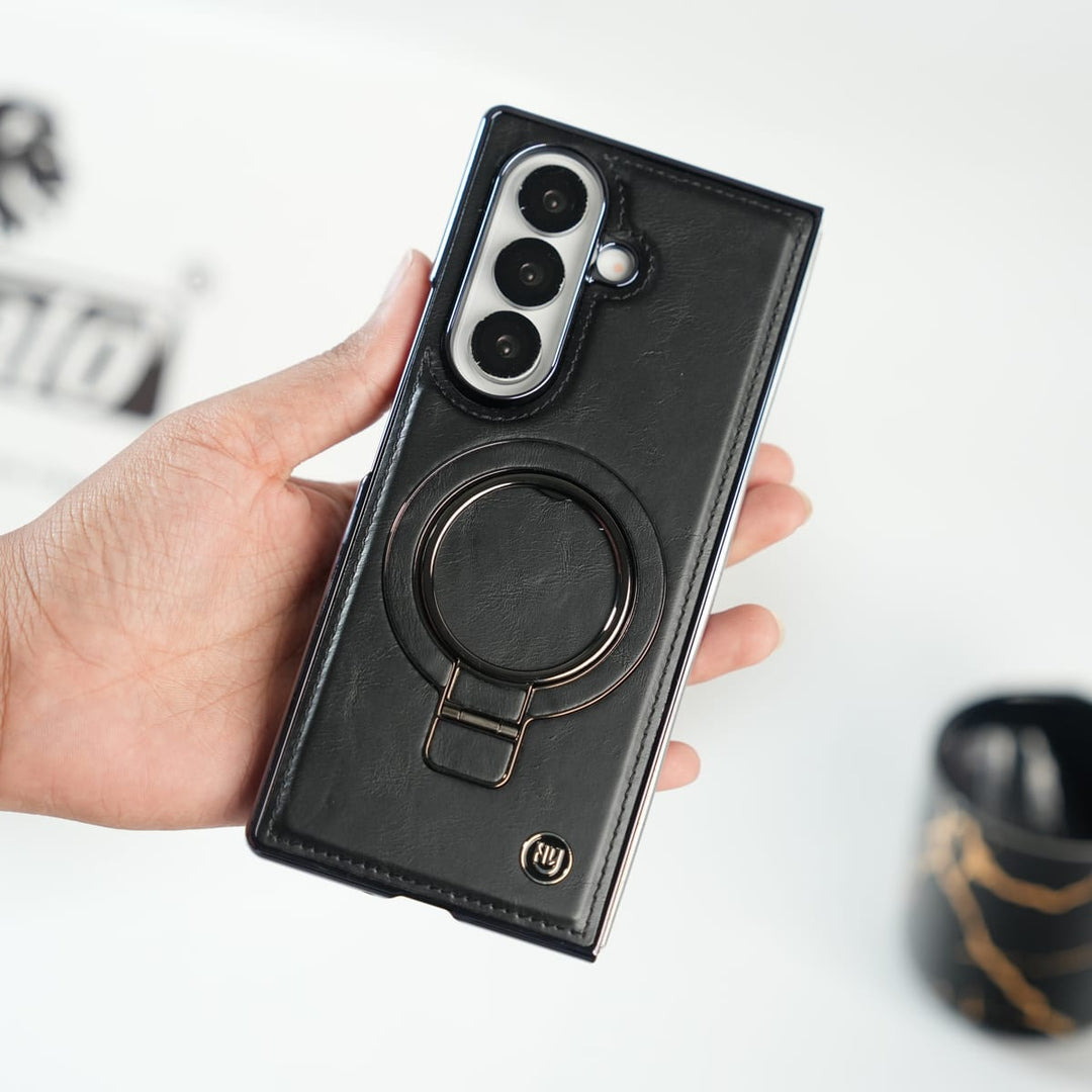 FRATO Fold 6 Collection Black Galaxy Z Fold 6 Ultra PU Leather Chrome Side Case With Ring Metal Stand