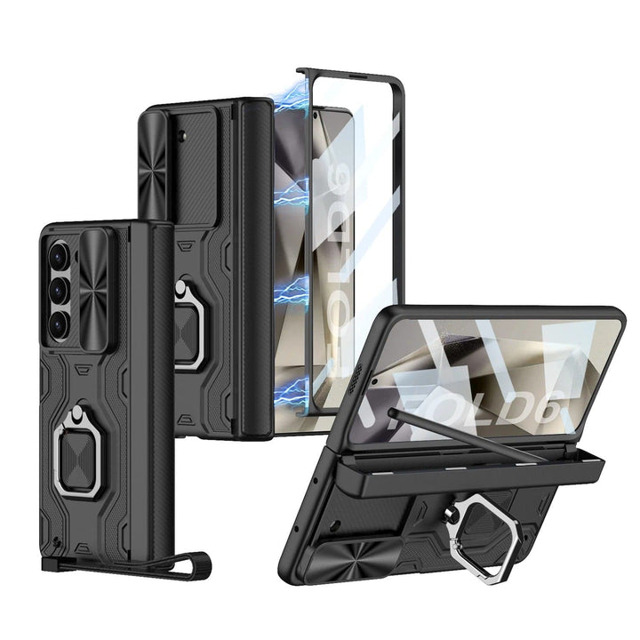 FRATO Fold 6 Collection Black Samsung Galaxy Z Fold 6 Armor Magnetic Hinge Camera Protection Pen Holder Stand With Film Cover