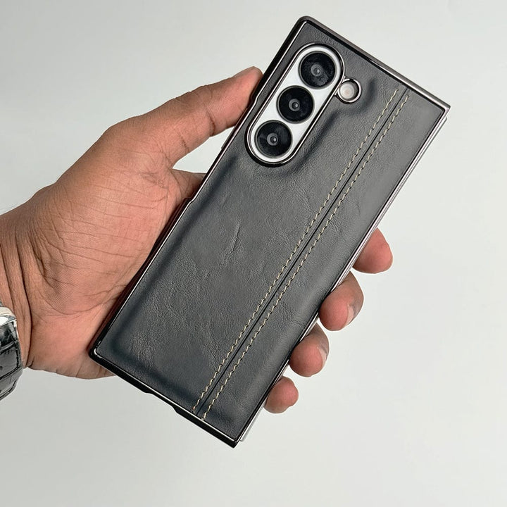 FRATO Fold 6 Collection Black Samsung Galaxy Z Fold 6 Electroplated Chrome Leather Cover With Front Glass