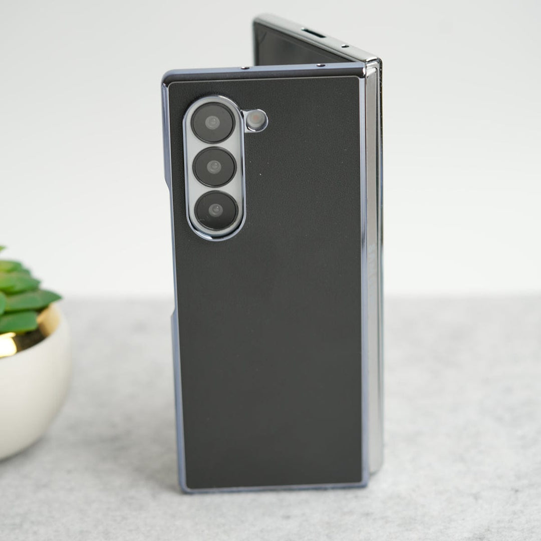 FRATO Fold 6 Collection Black Samsung Galaxy Z Fold 6 Glossy Chrome Plated PU Leather Skin Case Cover