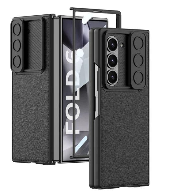 FRATO Fold 6 Collection Black Samsung Galaxy Z Fold 6 Leather Cover With Camera Protective Shetter