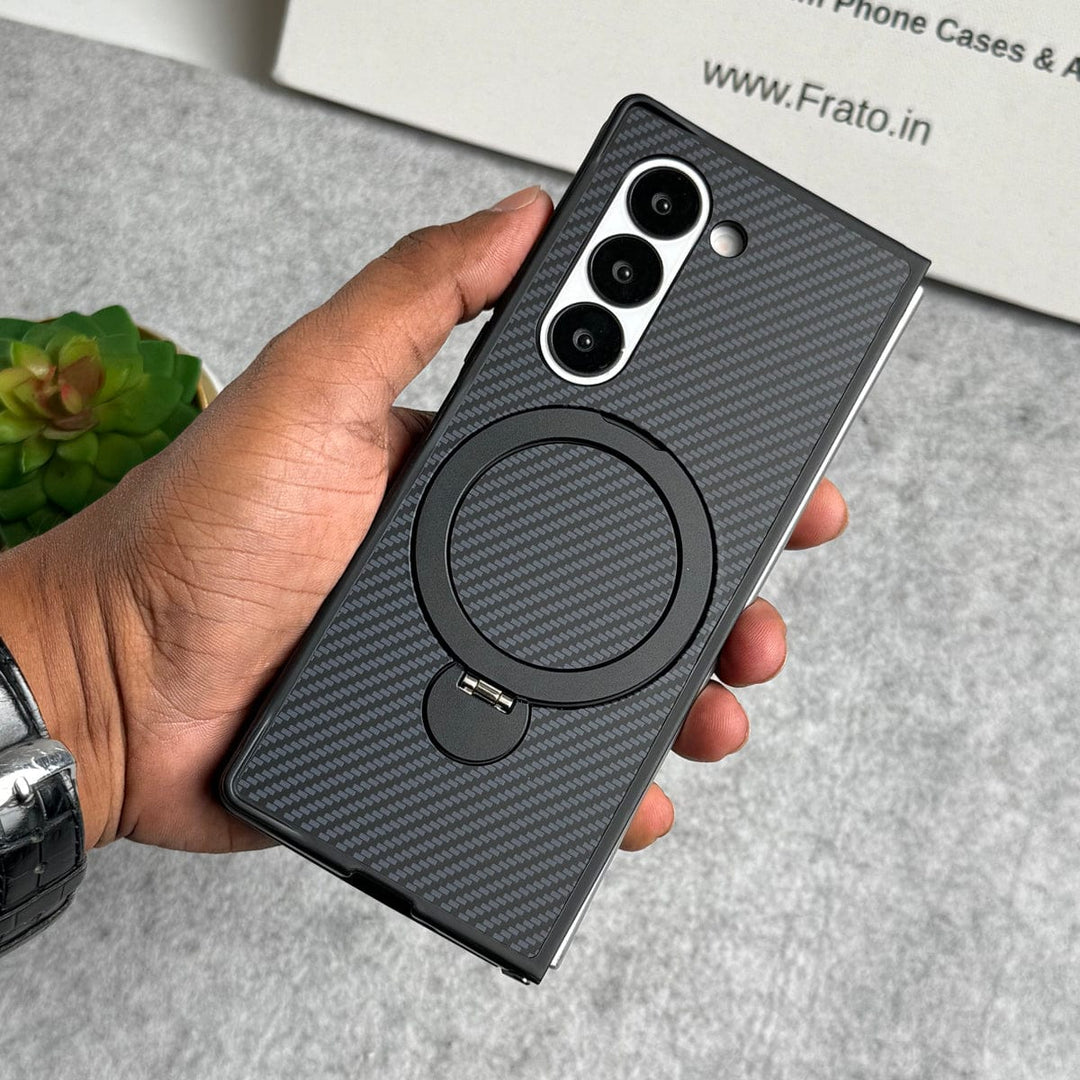 FRATO Fold 6 Collection Black Samsung Galaxy Z fold 6 Premium Carbon Fiber Texture MagSafe Magnetic Stand Case Cover