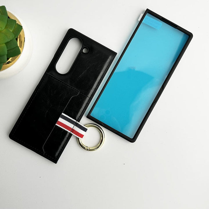 FRATO Fold 6 Collection Black Samsung Galaxy Z Fold 6 PU Leather Card Holder Loop Front Screen Protector Case Cover