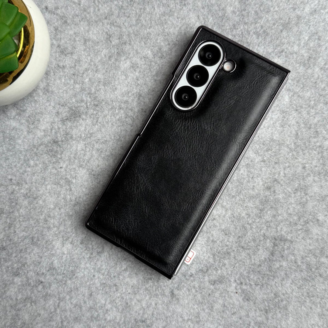 FRATO Fold 6 Collection Black Samsung Galaxy Z Fold 6 PU Leather Chrome Plated Front Screen Protector Case Cover