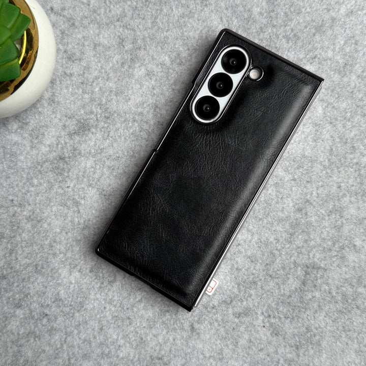 FRATO Fold 6 Collection Black Samsung Galaxy Z Fold 6 PU Leather Chrome Plated Front Screen Protector Case Cover