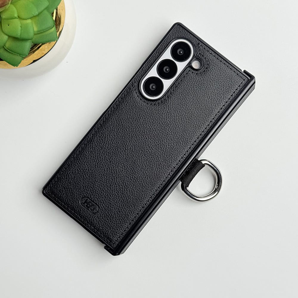 FRATO Fold 6 Collection Black Samsung Galaxy Z Fold 6 PU Leather Hinge Protection Metal Ring Case Cover