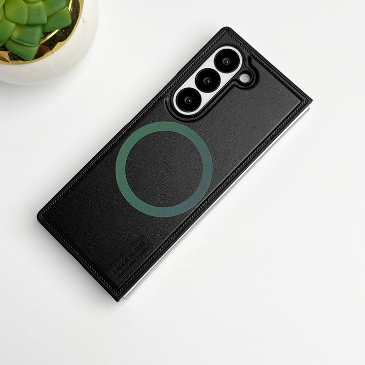 FRATO Fold 6 Collection Black Samsung Galaxy Z fold 6 PU Leather Strong Magnetic MagSafe Ring Cover