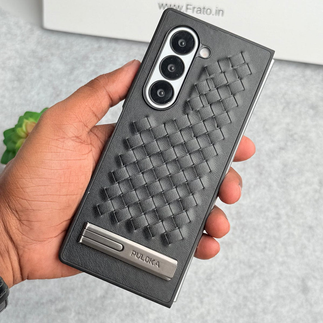 FRATO Fold 6 Collection Black Samsung Galaxy Z Fold 6 PU Weave Leather with Metal Kickstand Slim Back Cover