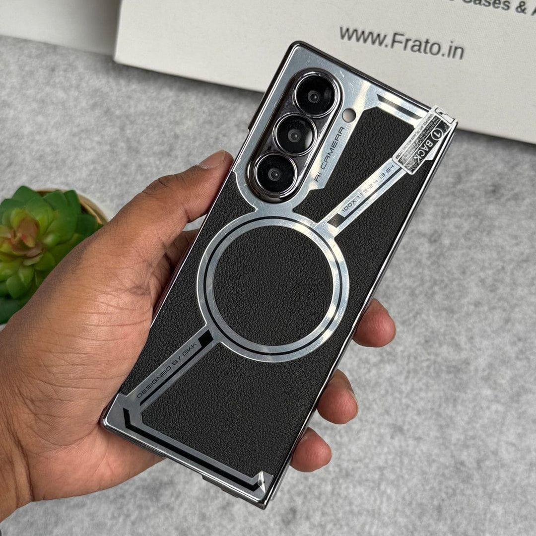 FRATO Fold 6 Collection Black Samsung Galaxy Z Fold 6 Z Shape Electroplated Magnetic PU Leather Wireless Charging Case Cover