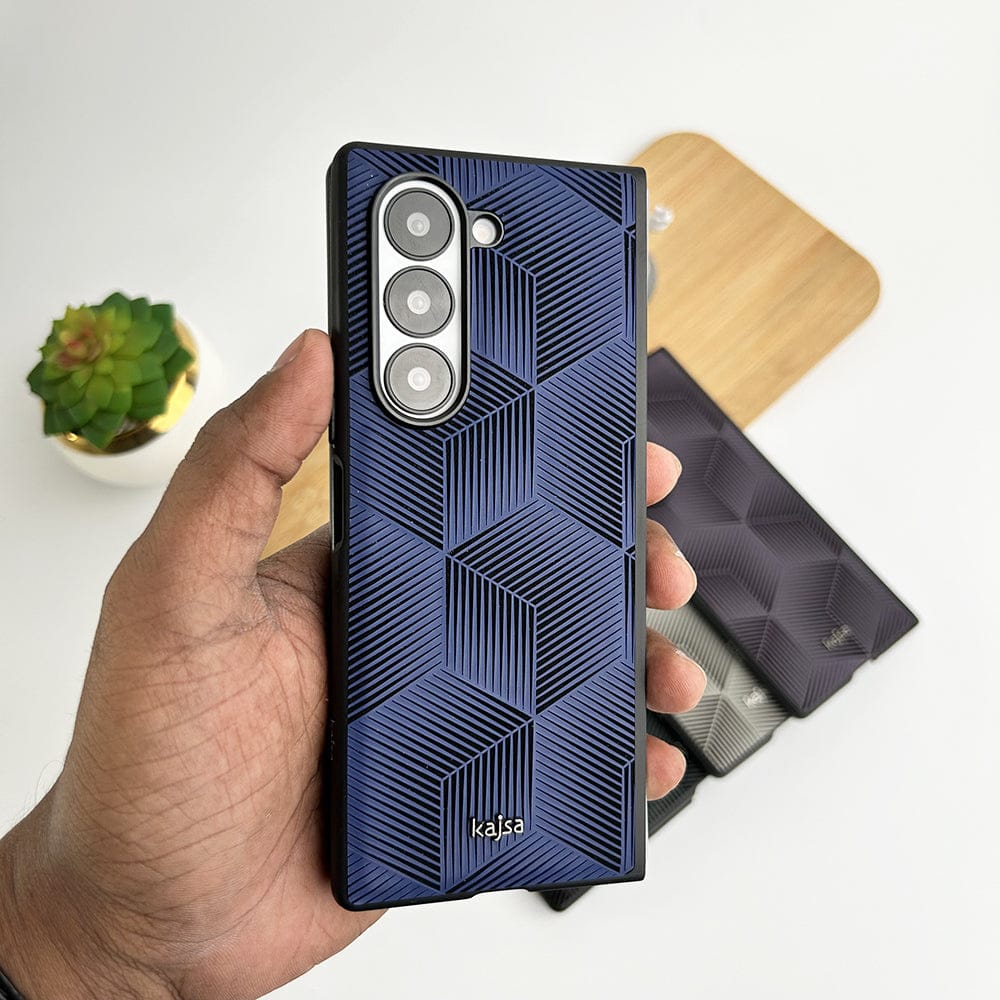 FRATO Fold 6 Collection Blue 3D Cube Design Samsung Galaxy Z Fold 6 Slim Rubberize 3D Cube Pattern Cover