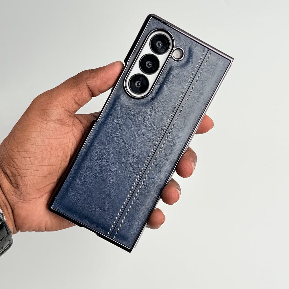 FRATO Fold 6 Collection Blue Samsung Galaxy Z Fold 6 Electroplated Chrome Leather Cover With Front Glass