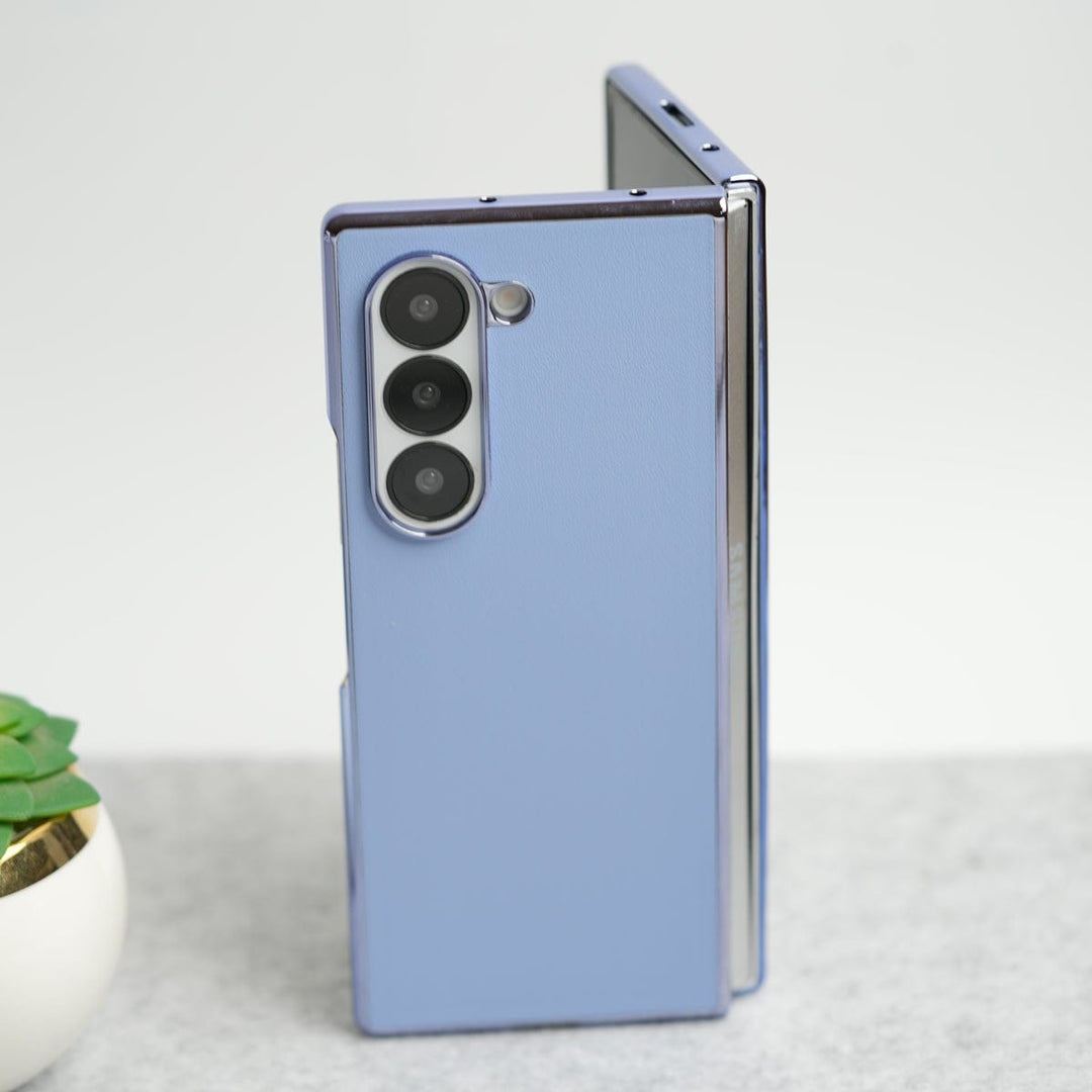 FRATO Fold 6 Collection Blue Samsung Galaxy Z Fold 6 Glossy Chrome Plated PU Leather Skin Case Cover