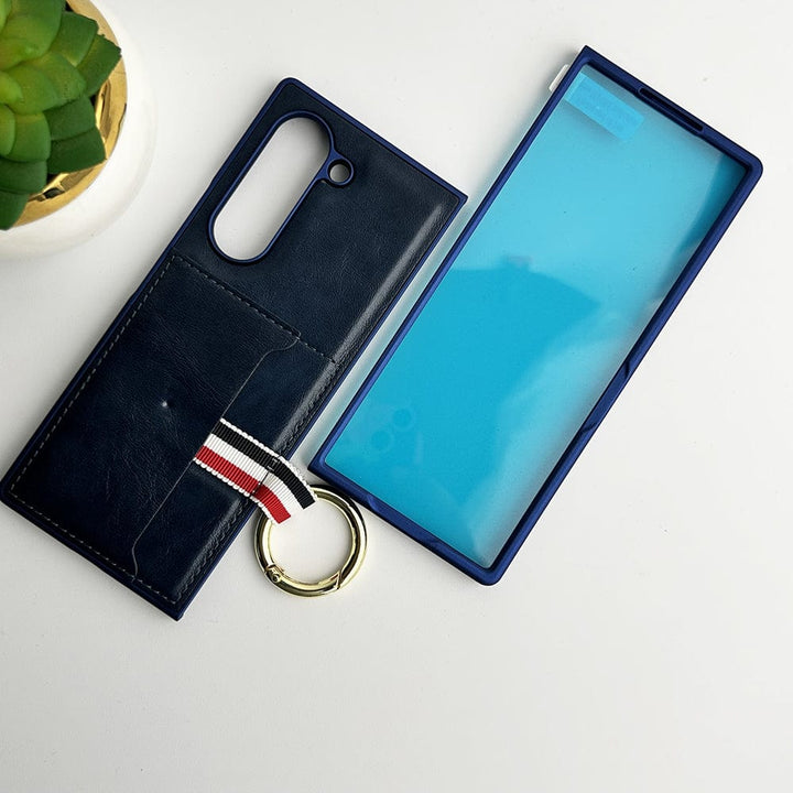 FRATO Fold 6 Collection Blue Samsung Galaxy Z Fold 6 PU Leather Card Holder Loop Front Screen Protector Case Cover