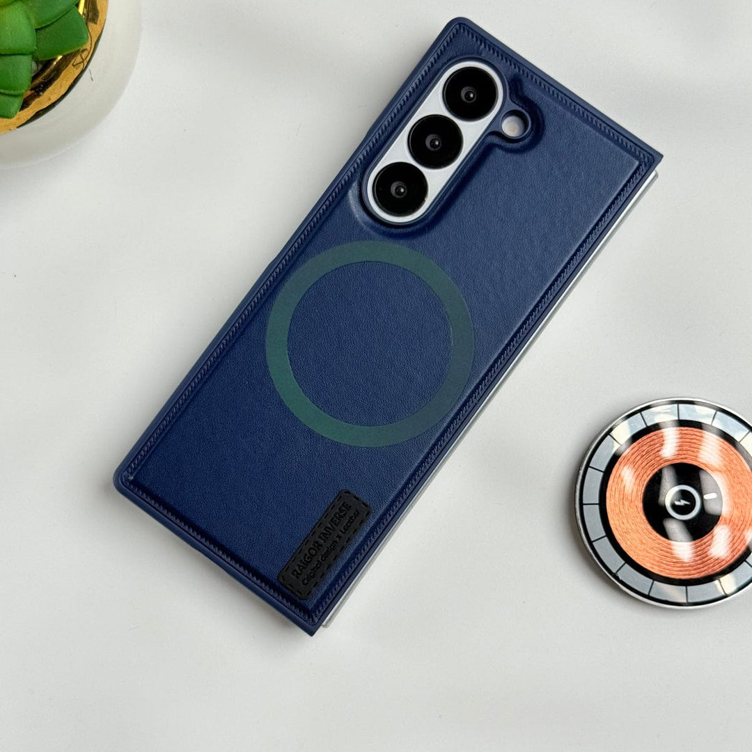FRATO Fold 6 Collection Blue Samsung Galaxy Z fold 6 PU Leather Strong Magnetic MagSafe Ring Cover