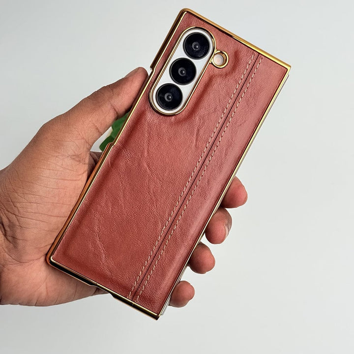 FRATO Fold 6 Collection Brown Samsung Galaxy Z Fold 6 Electroplated Chrome Leather Cover With Front Glass
